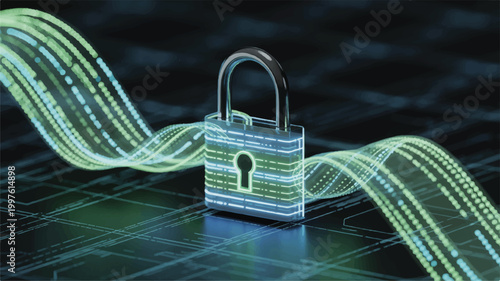 Digital padlock with glowing green circuit lines on electronic background  secure data concept