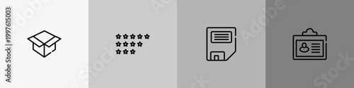 bold seo and marketing outline icon set featuring unboxing, ratings, disquette, credential icons.