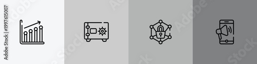 marketing and seo outline icon set featuring seo performance, safe locker, private network, mobile marketing icons.
