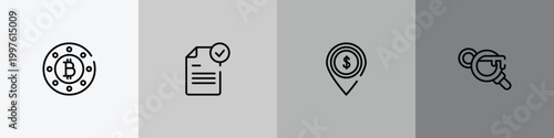 marketing and seo outline icon set featuring bit round button, file submit, dollar spot, keyword search icons.