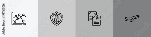 business and finance outline icon set featuring two lines chart, big protection shield, duplicate content, inclined airplane icons.