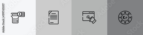 multimedia marketing outline icon set featuring account balance, content management, web cursor, null icons.