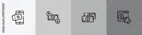 marketing and seo outline icon set featuring eticket, dollar rates, big paper bill, monetizing icons.