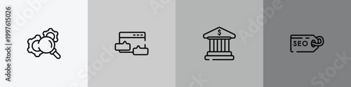 marketing and seo outline icon set featuring gear with magnifying glass, blog commenting, bank building, seo tags icons.