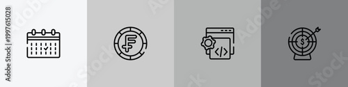 business and finance outline icon set featuring calendar event, swiss franc coin, custom coding, target with an arrow icons.