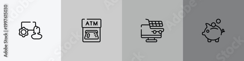multimedia marketing outline icon set featuring marketing seminar, atm card, e commerce, pig bank icons.