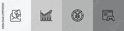 marketing and seo outline icon set featuring marketing email, profit chart, yen big coin, game developing icons.