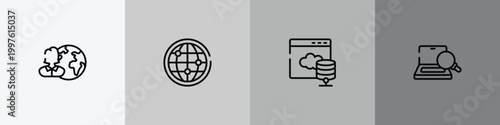 marketing and seo outline icon set featuring user, big globe, web server, optimizer icons.