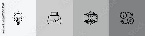 business and finance outline icon set featuring big light bulb, women bag, dollar exchange, currency rates icons.