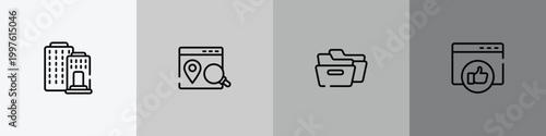 multimedia marketing outline icon set featuring federal bank, place optimizer, two black folders, favorite web icons.