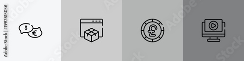 marketing and seo outline icon set featuring talking about money, web package, round pound button, play video icons.