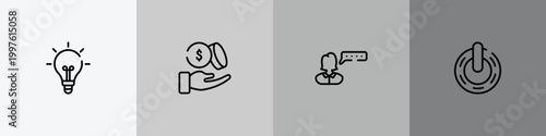 business pack outline icon set featuring lightbulb black tool shape, dollar coins and hand, user review, power variant icons.