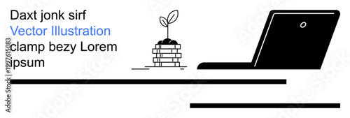 Business growth, financial technology, savings, entrepreneurship, eco-friendly innovation, investment strategies. Sapling grows on stacked coins near a laptop. Business growth and financial