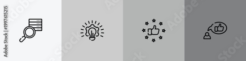 marketing management outline icon set featuring data searching, creative plan, satisfied, recommendation icons.
