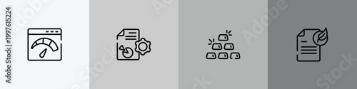 marketing and seo outline icon set featuring velocity test, seo report, six gold bars, fresh content icons.