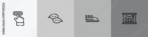 project management outline icon set featuring subscription, speech bubbles, bobsleigh, graphical report icons.