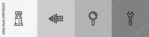 business pack outline icon set featuring atm hine, left dots arrow, magnifier tool, key tool icons.