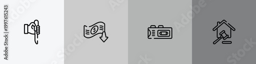 law and justice outline icon set featuring murder, bankruptcy, recorder, property and finance icons.