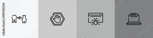 seo and marketing outline icon set featuring weight loss, ad blocker, web crawler, ppc icons.
