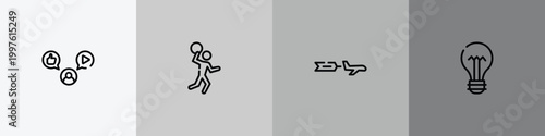 business pack outline icon set featuring mass media, handball, aerial advertising, lightbulb with bolt icons.