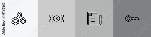 seo and online marketing outline icon set featuring wheel with cogs, discount voucher, copywriting, keywords icons.