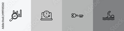 sports outline icon set featuring search stats, circular clock, old key in diagonal, swim icons.