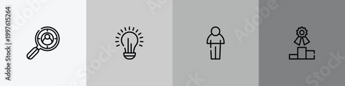 media advertising outline icon set featuring headhunting, lightbulb, person shape, competitive icons.