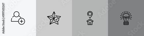 business pack outline icon set featuring hire, favorites, home address, ecological lightbulb icons.