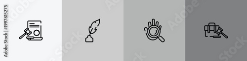 law and justice outline icon set featuring law paper, feather pen, evidence, employment icons.