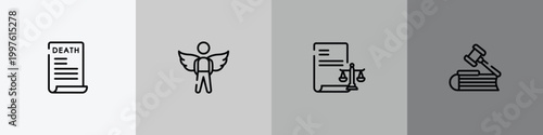 law and justice outline icon set featuring death certificate, innocent, corporative law, employment law icons.