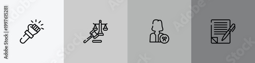 law and justice outline icon set featuring violence, law and justice, attorney, wills and trusts icons.