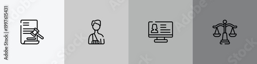 law and justice outline icon set featuring documents, accident and injuries, criminal database, law balance icons.