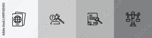 law and justice outline icon set featuring immigration, ask a lawyer, legal paper, business law icons.