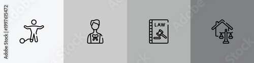 law and justice outline icon set featuring guilty, advocate, constitutional law, real estate law icons.