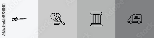 law and justice outline icon set featuring shotgun, divorce, roman law, prisoner transport vehicle icons.