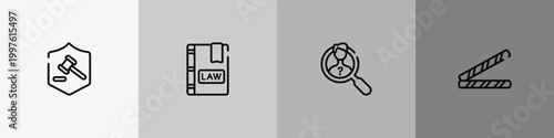 law and justice outline icon set featuring defense, law book, investigation, police line icons.