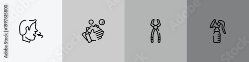 baby outline icon set featuring breath, washing hand, tooth pliers, breast pump icons.