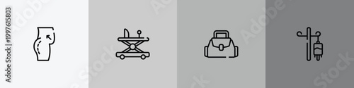 medicine outline icon set featuring butt, baby walker, baby bag, drip icons.