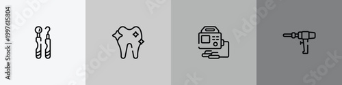 medical instruments outline icon set featuring dental hook, orthodontic, defibrillator, medical drill icons.