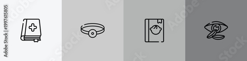 opthalmology outline icon set featuring medicine book, head mirror, baby book, contact lens icons.