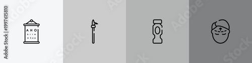 plastic surgery outline icon set featuring sight check table, pike pole, hydratation, forehead icons.
