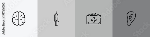 body parts outline icon set featuring brain upper view, hospital syringe, medicine kit with first aid, ear lobe side view icons.