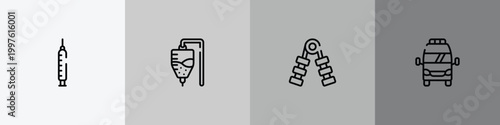health outline icon set featuring medical syringe, medicine hanging bag, hand grip, frontal ambulance icons.