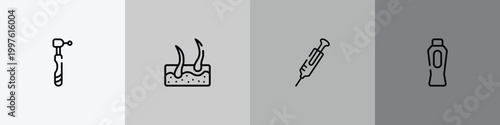 baby outline icon set featuring dental drill, epidermis, syringe needle, baby powder icons.