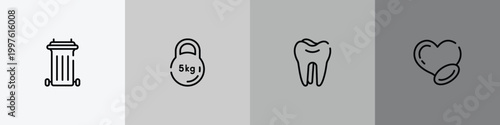 health outline icon set featuring recycle bin container, kettlebell, molar, medicine for heart icons.