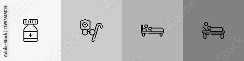 health outline icon set featuring medicine container, retirement, man in bed, patient in hospital bed icons.
