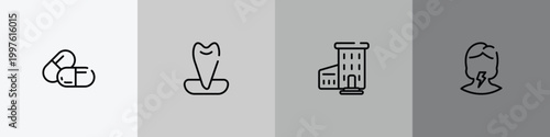 medical and dental outline icon set featuring large pill, canine, hospital with three floors, sore throat icons.
