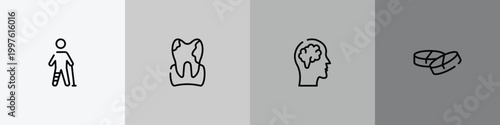health outline icon set featuring injured leg of man, plaque, brain inside human head, medicine tablets icons.