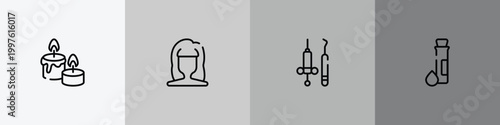 health outline icon set featuring candle and stone, woman dark long hair shape, dentist tools, test tube and drop icons.