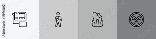 health outline icon set featuring blood pressure gauge, wounded man, decay, radioactive danger icons.